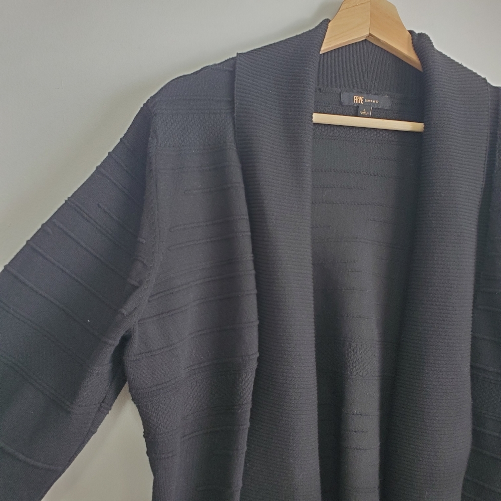 Frye Large Cardigan Black Textured Lines Soft Flowy Designer Open Front Sweater
